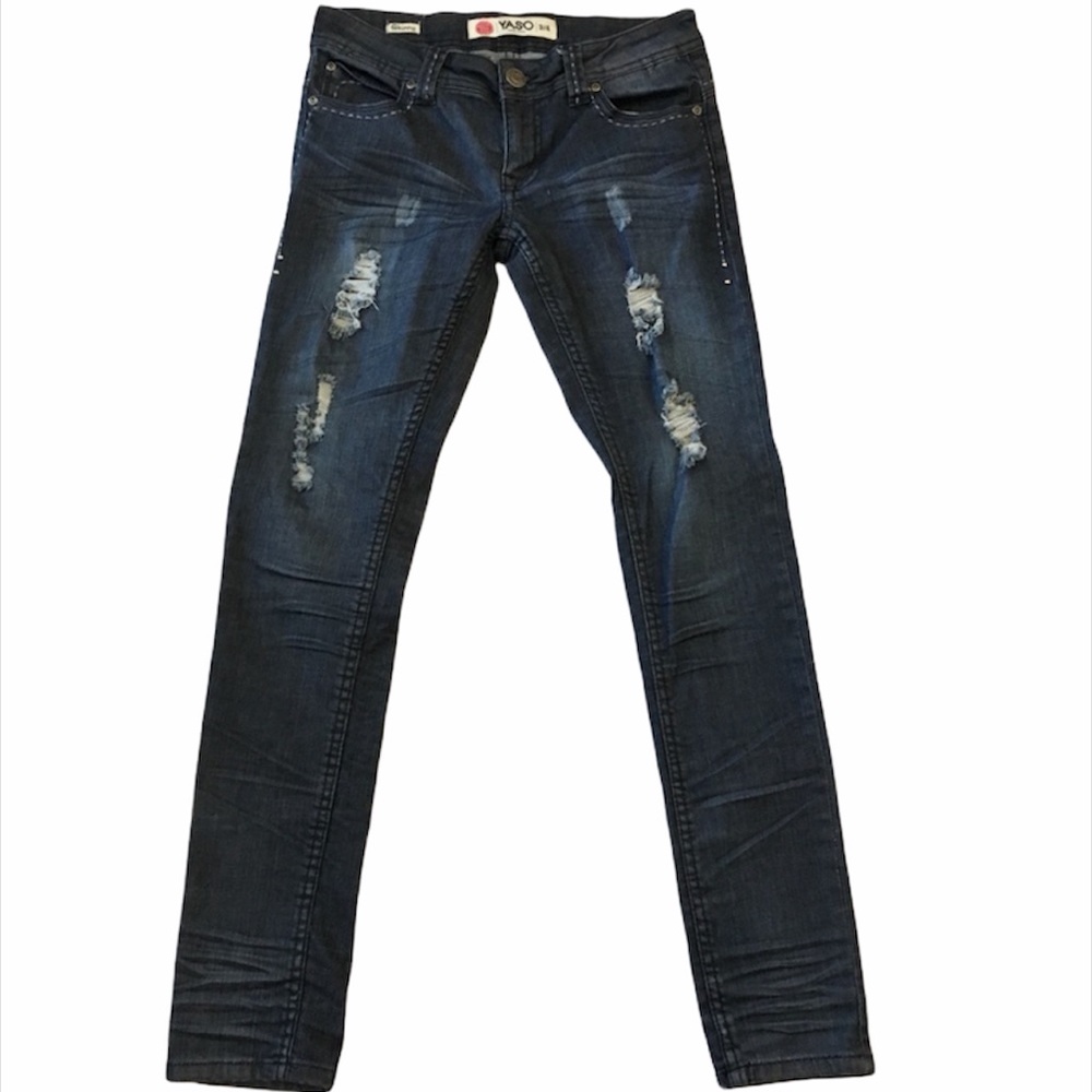 YASO dark wash distressed skinny jean Size 3